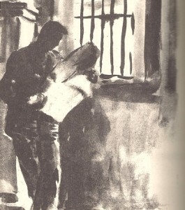 Από τη β' περίοδο: 1945 – 1966. Έργο του Ασαντούρ Μπαχαριάν  με θέμα τη μελέτη στις φυλακές  Κέρκυρας.  (Πηγή: Αρχείο οικογένειας Α. Μπαχαριάν)