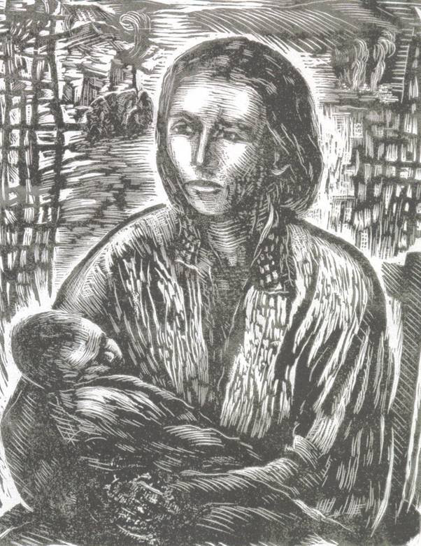 Κούλα Μπεκιάρη: Μάνα με παιδί, μετά τον πόλεμο - προσφυγιά (ξυλογραφία όρθιο ξύλο)