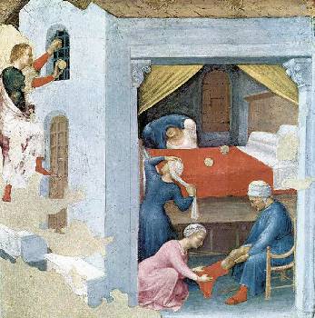 Ο Αγιος Νικόλαος ρίχνει από το παράθυρο χρήματα στη φτωχή οικογένεια (ιταλική απεικόνιση)