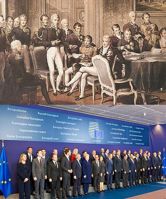 Πάνω: Το Συνέδριο της Βιέννης του 1815 με την συμμετοχή των μεγάλων δυνάμεων, κάτω: Σύνοδος Κορυφής της ΕΕ, 2015.