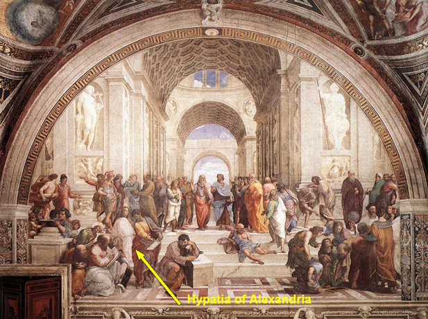 Στον πίνακα του Αναγεννησιακού καλλιτέχνη Ραφαήλ «Η σχολή των Αθηνών» τα μεγαλύτερα μυαλά του αρχαίου κόσμου συγκεντρώνονται για συζήτηση. . . και ανάμεσά τους βρίσκεται μια μονάχα γυναίκα. Είναι ντυμένη λευκά, που στέκεται προς τα εμπρός-αριστερά, και ατενίζει έξω από την εικόνα προς εμάς. Είναι η Υπατία της Αλεξάνδρειας.