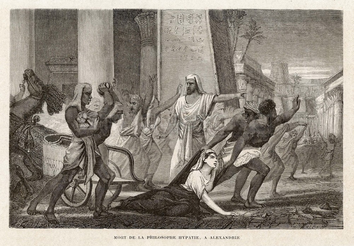Στους δρόμους της Αλεξάνδρειας ο όχλος δολοφονεί βάναυσα την Υπατία («Ο θάνατος του φιλοσόφου Υπατίας στην Αλεξάνδρεια» το 1866, από τον Louis Figuier).