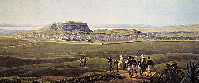 Η Αθήνα το 1810 όπως την αντίκρισε ο Λόρδος Βύρων. Πίνακας του Richard Temple, συνοδού του Βύρωνα. Στα αριστερά η Πύλη του Αδριανού και δεξιά στο βάθος το Θησείο 