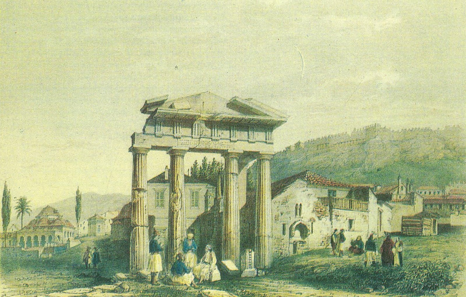 Αθήνα – Η πύλη της αγοράς (Η Παζαρόπορτα)] το 1830. Στα δεξιά φαίνεται η εκκλησία της Σωτήρας της Παζαρόπορτας, που δεν υπάρχει σήμερα, παράξενος μικρός ΝαΪσκος γιατί είχε το ιερό του στραμμένο προς στον Βορρά και όχι στην Ανατολή.
