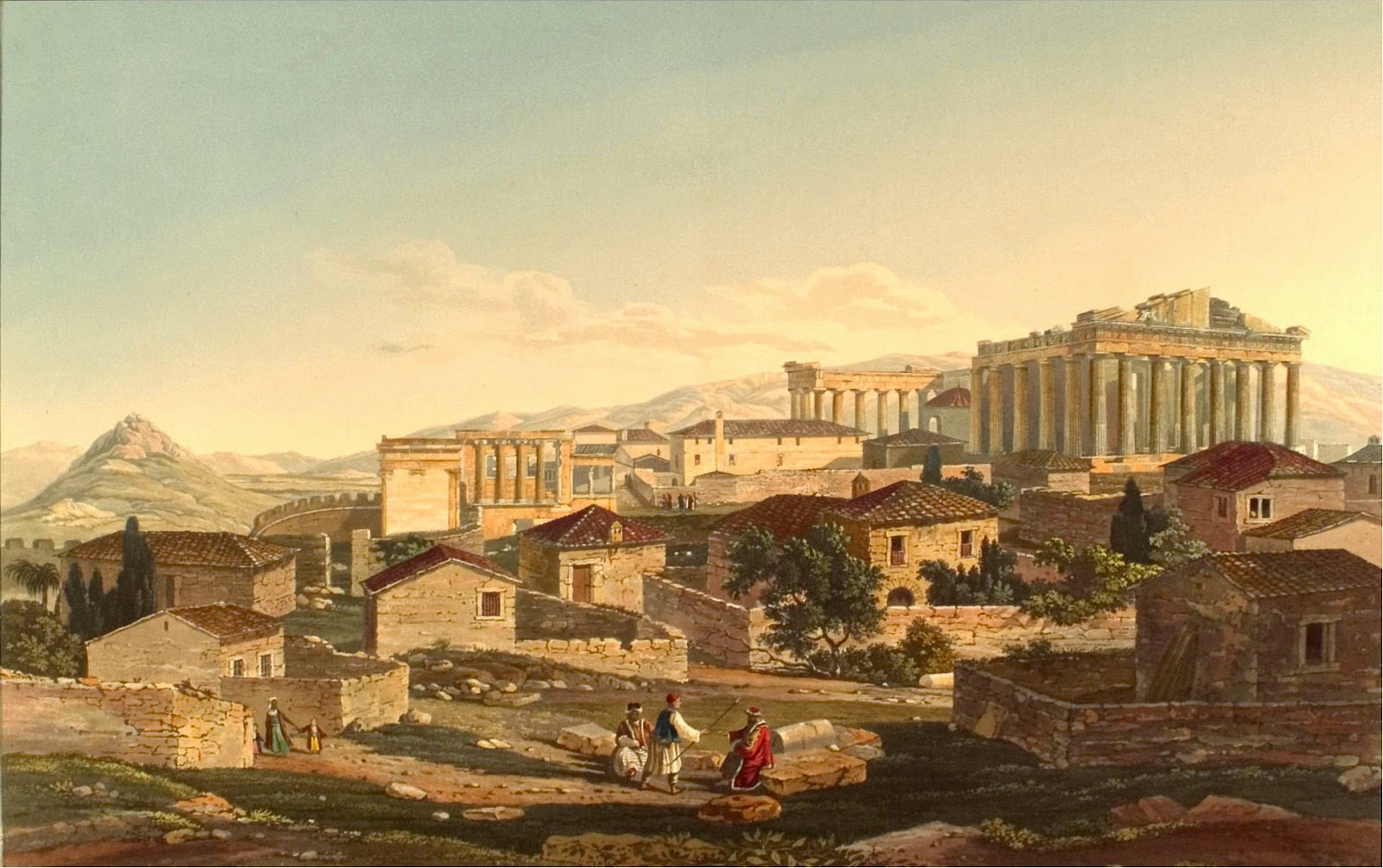 ΑΘΗΝΑ: Η Ακρόπολη το 1802 στην Τουρκοκρατία. Πίνακας του Ε.Dodwell. Ο πίνακας περιέχει ακριβείς λεπτομέρειες για το εσωτερικό της Ακρόπολης λίγο πριν από την επανάσταση του 1821. Στο βάθος φαίνεται ο Υμηττός, αριστερά ο Λυκαβηττός, που τότε λεγόταν Άγχεσμος και πίσω του το Πεντελικό όρος.