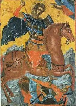 Εικονογραφική παράσταση του αγίου που παρουσιάζει τρομερή σύμπτωση με αυτήτου νεαρού Δεξίλεω. Ο Αϊ-Δημήτρης για μια ακόμη φορά σώζει την πολιορκούμενηΘεσσαλονίκη. Εδώ σκοτώνει τον Βούλγαρο ηγεμόνα Ιωάννη Ασσάνη, αποκαλούμενοκαι ως Σκυλογιάννη, το 1207.Ολοι οι στρατιωτικοί αποδίδονται από τη χριστιανική αγιογραφία καβαλάρηδες,αντλώντας από τους αρχαίους μύθους, αλλά και το ακριτικό και στρατιωτικόπνεύμα του Βυζαντίου του 6ου-7ου αιώνα
