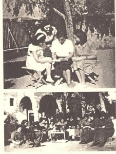 Από τη β' περίοδο: 1945-1966. Τόποι εκτόπισης, Γυναίκες εξόριστες, πάνω: Μαθήματα στο ύπαιθρο στο στρατόπεδο της Χίου, κάτω: Τα πρώτα συνεργεία τσαγκαρικής στο Τρίκερι (πηγή: Λεύκωμα Γυναίκες στην εξορία, εκδ. Καστανιώτης, Αθήνα 1979)