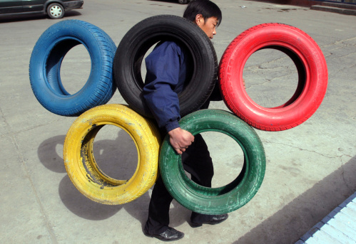 Olympic Five Rings Symbol Decoration At A Car Washing Shop