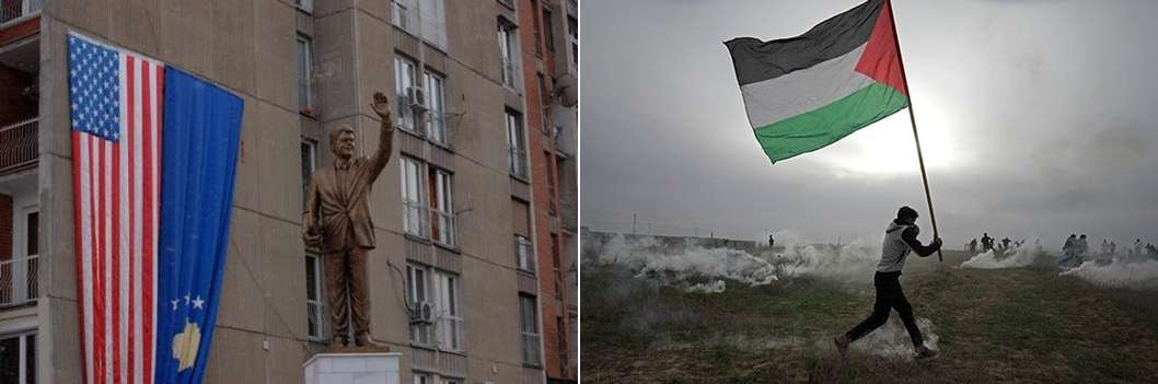 Φωτό αριστερα: Πρίστινα. Άγαλμα του πρώην προέδρου των ΗΠΑ Μπιλ Κλίντον στην ομώνυμη λεωφόρο που φέρει το όνομα του στην Πρίστινα | Δεξιά: Άντρας με την σημαία της Παλαιστίνης κατά τη διάρκεια ταραχών στη Γάζα. Δύο χαρακτηριστικές περιπτώσεις όπου το αίτημα της αυτοδιάθεσης αντιμετωπίστηκε με πολύ διαφορετικό τρόπο από τις διεθνείς ιμπεριαλιστικές ενώσεις.