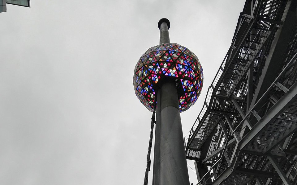 A test is performed in New York's Times Square on Sunday, Dec. 30, 2018, of the New Year's Eve ball that will be lit and sent up a 130-foot pole atop One Times Square to mark the start of the 2019 new year. Organizers of the annual event say the ball, illuminated by LEDs and enhanced by Waterford Crystal triangles, is capable of displaying a palette of more than 16 million vibrant colors and billions of patterns to create a spectacular kaleidoscope effect. (AP Photo/Julie Walker)