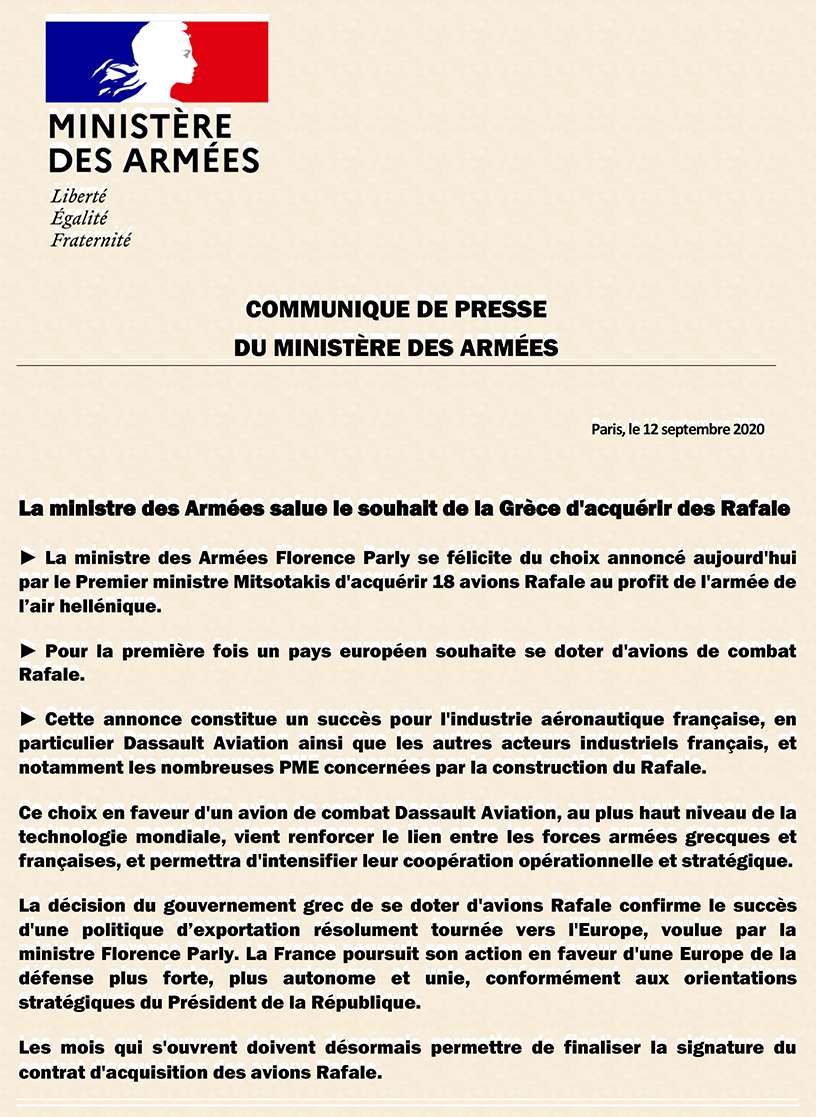 Ministère_des_Armées_France ΥπΕθΑ Γαλλίας Δελτίο τύπου Mitsotakis Rafales Dassault Aviation